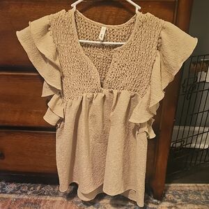 Beige Ruffle Sleeve Smocked Top